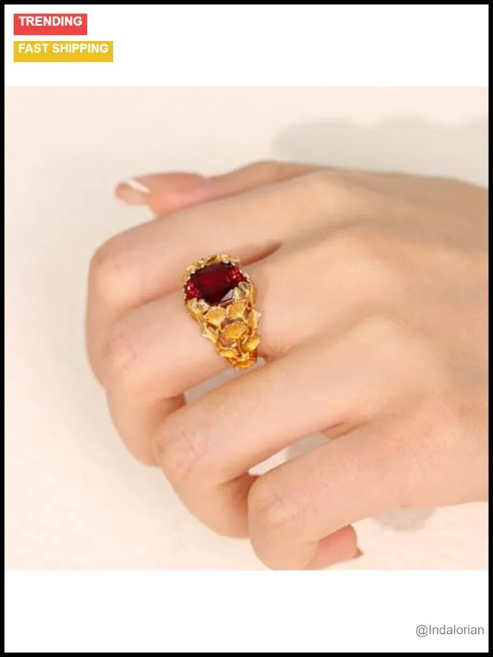 Ginkgo Leaf 3.95ct Lab Grown Ruby Ring 24K Gold Plated Sterling Silver
